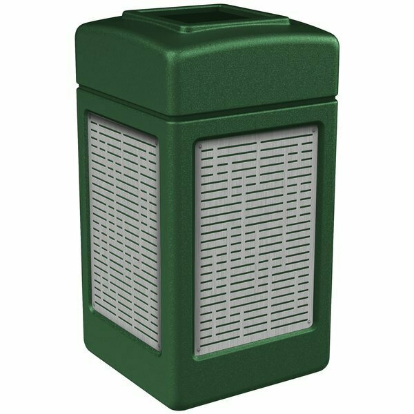 Commercial Zone CZ 734060 42 Gallon Green Square Trash Receptacle with Stainless Steel Horizontal Line Panels 278734060